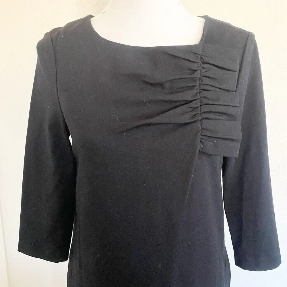 Kate‎ Spade Dress Women 4 Black Excellent 3/4 Sleeve Pleated Neck Ponte Sheath
